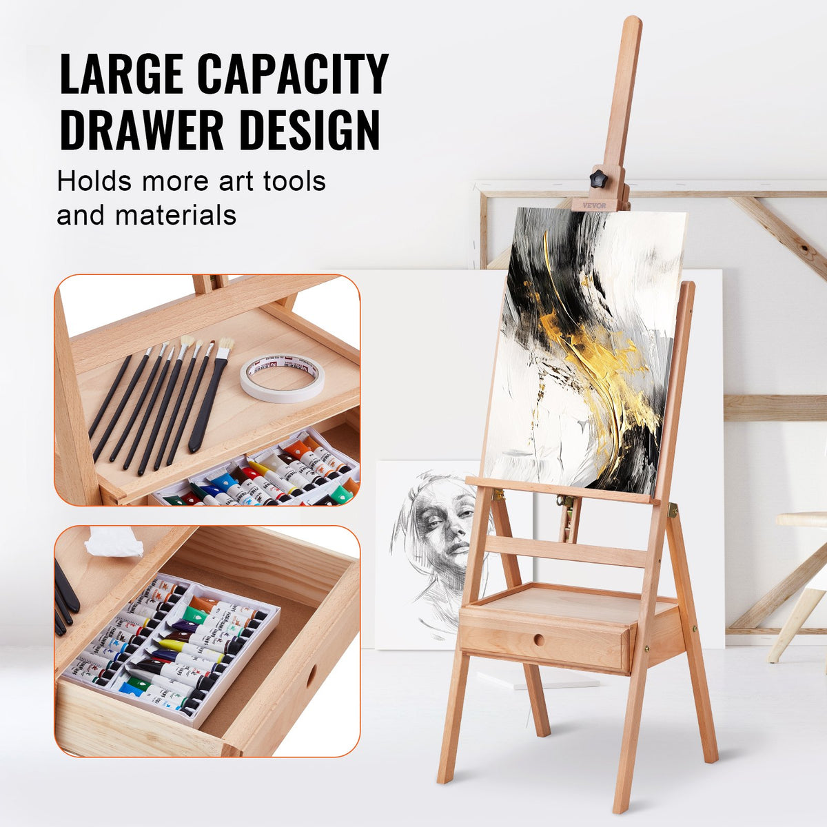 VEVOR French Art Easel with Drawers, Foldable, Beech Wood, Canvas up to 91 cm