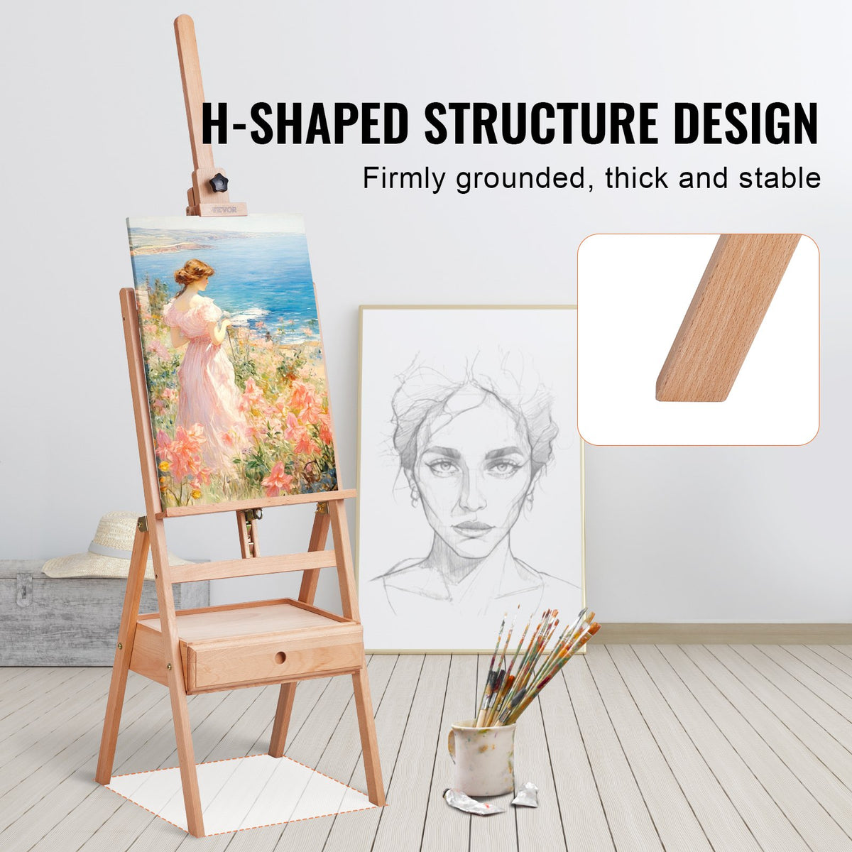 VEVOR French Art Easel with Drawers, Foldable, Beech Wood, Canvas up to 91 cm