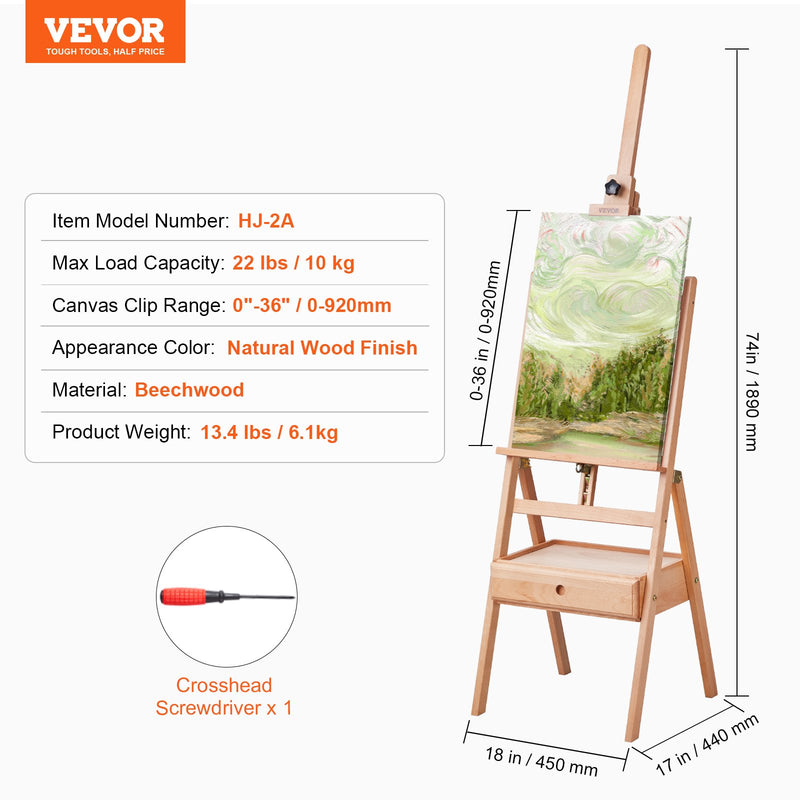 VEVOR franču mākslas statīvs, tur audeklu līdz 91,44 cm, beechwood koks, salokāms skices statīvs ar atvilktnēm