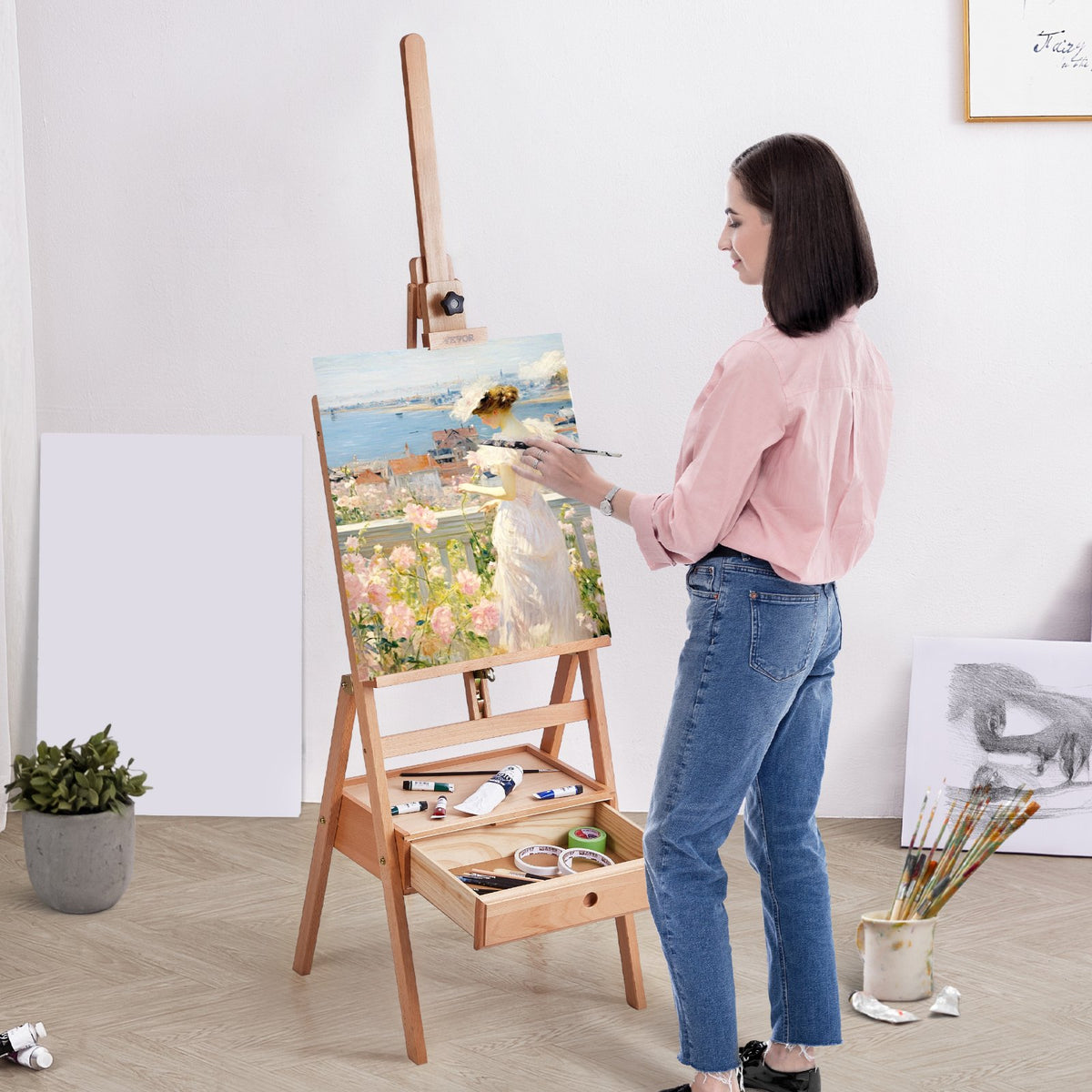 VEVOR French Art Easel with Drawers, Foldable, Beech Wood, Canvas up to 91 cm