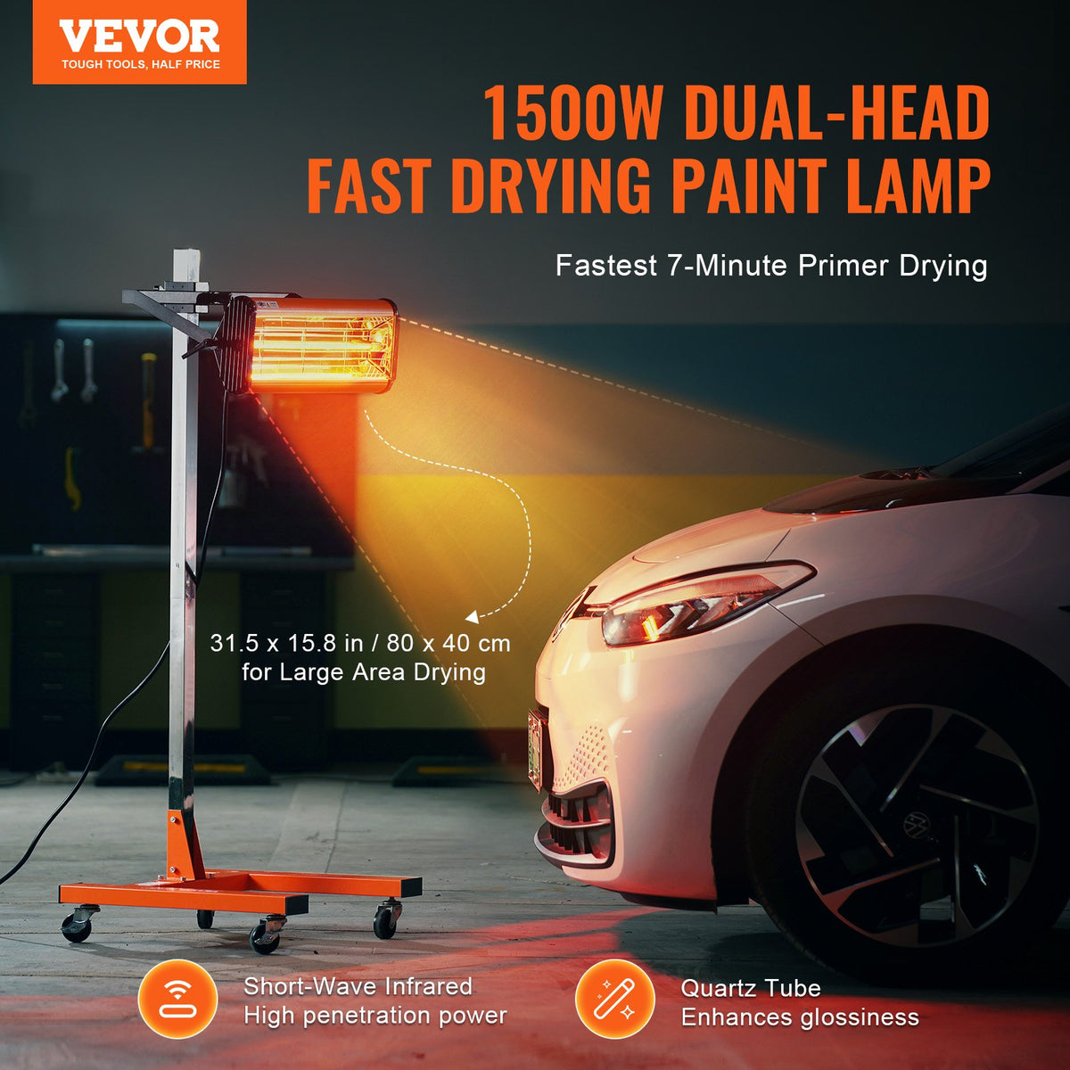 VEVOR 1500 W High Power Infrared Heat Lamp for Car Body Drying and Heating