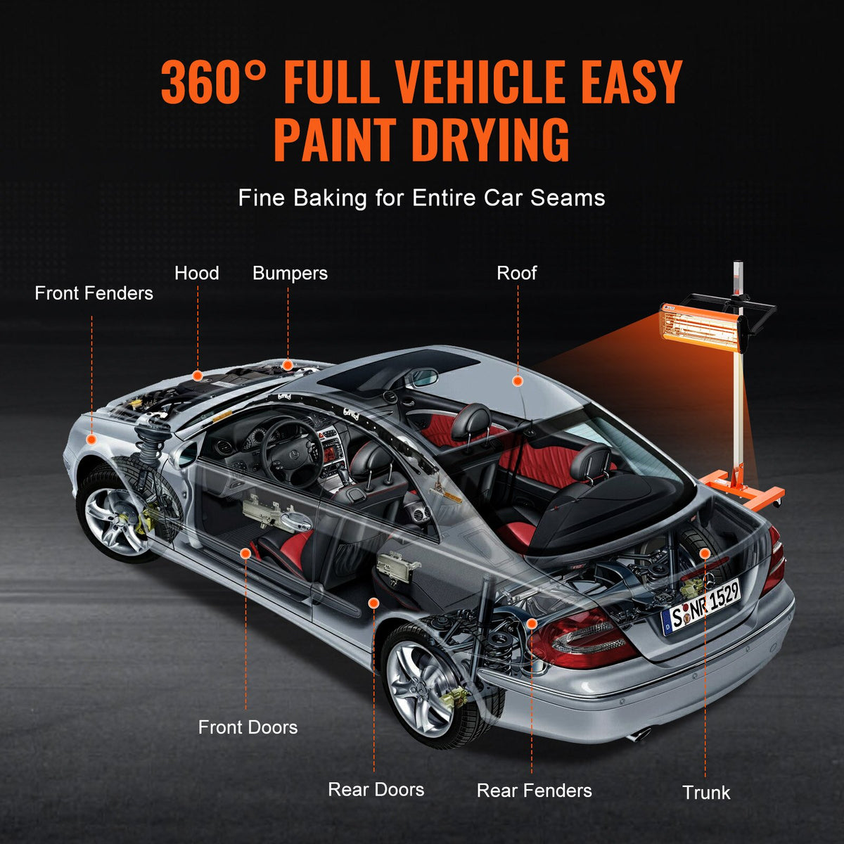 VEVOR 1500 W High Power Infrared Heat Lamp for Car Body Drying and Heating