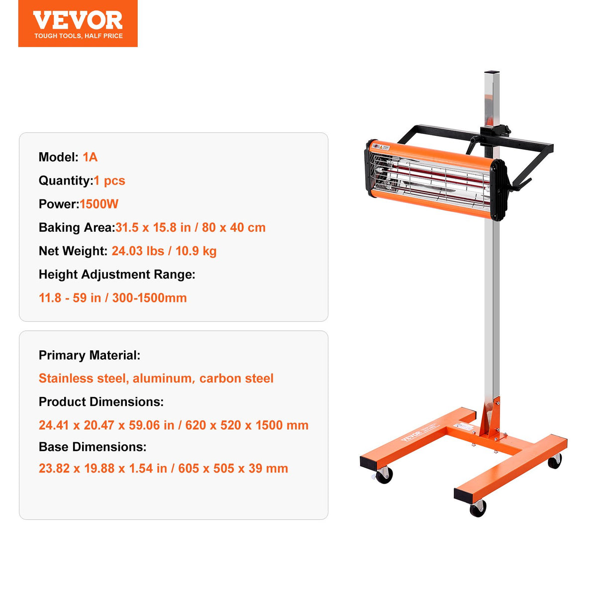 VEVOR 1500 W High Power Infrared Heat Lamp for Car Body Drying and Heating