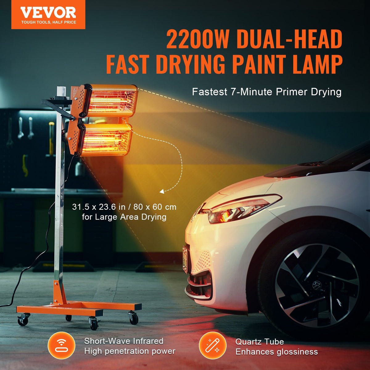 VEVOR 2200 W High Power Infrared Heat Drying Lamp for Car Body Drying