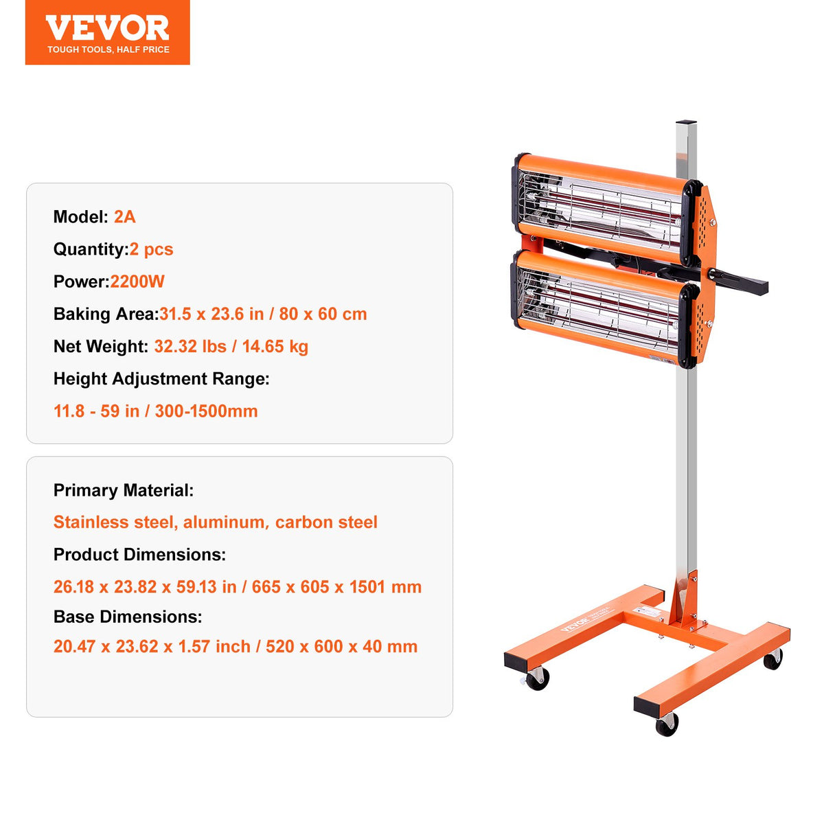 VEVOR 2200 W High Power Infrared Heat Drying Lamp for Car Body Drying