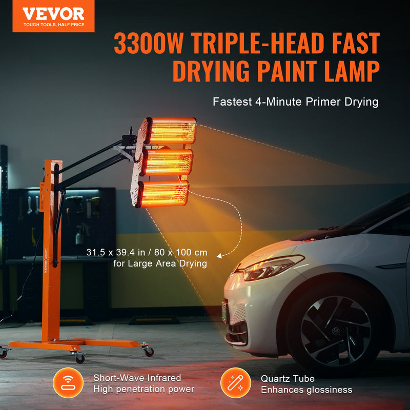 VEVOR 3300W infrasarkanā krāsas žāvēšanas lampa ar statīvu, 0,8 m² pārklājums, 1-60 min taimeris