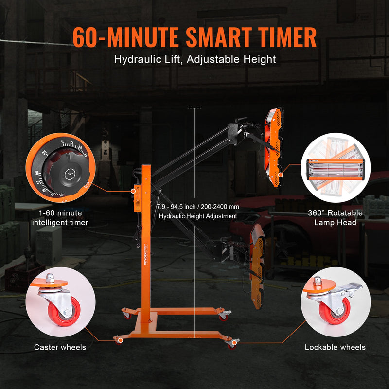 VEVOR 3300W infrasarkanā krāsas žāvēšanas lampa ar statīvu, 0,8 m² pārklājums, 1-60 min taimeris