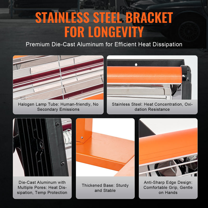 VEVOR 3300W infrasarkanā krāsas žāvēšanas lampa ar statīvu, 0,8 m² pārklājums, 1-60 min taimeris