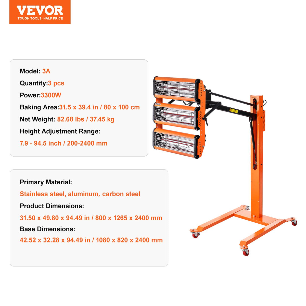 VEVOR Infrared Drying Lamp, 3300 W, with 1–60 min Timer and Auto Heat-up, on Stand, 0.8 m² Drying Area, for Painting and Repair Work, Body and Engine Drying