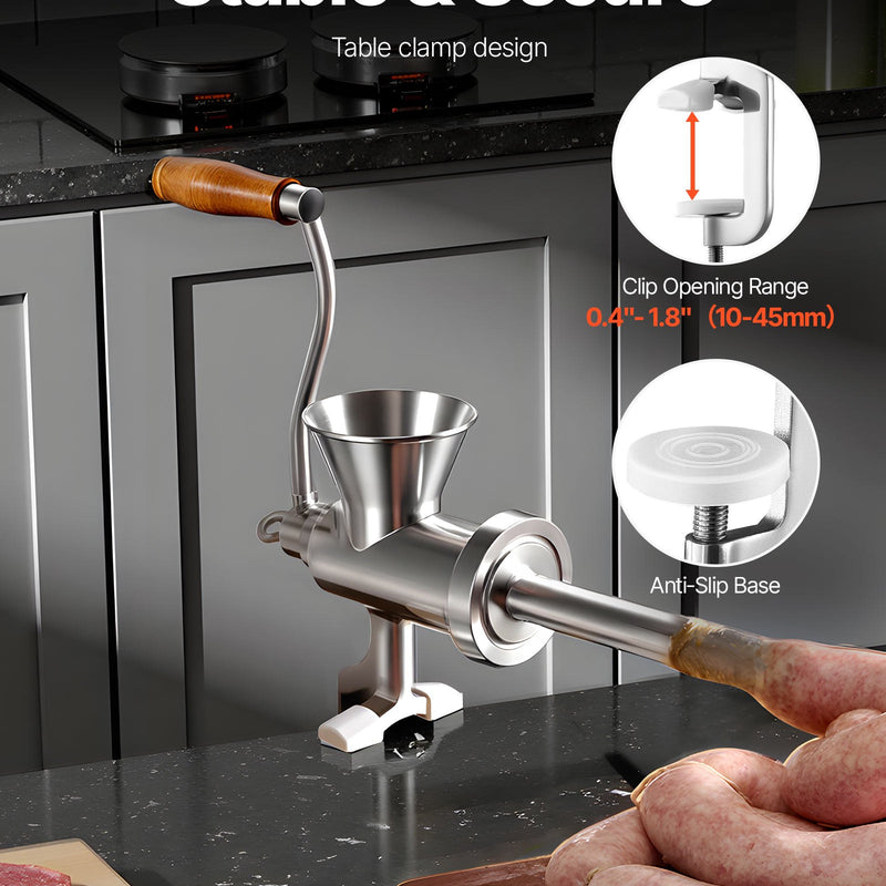 Rokas gaļas maļamā mašīna, 304 nerūsējošais tērauds, ar kloķi un tērauda stiprinājumu galdam, desu pildītājs ar 2 griešanas diskiem un 4 uzgaļiem, piemērota liellopu, cūkgaļas un citu produktu malšanai