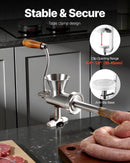 Rokas gaļas maļamā mašīna, 304 nerūsējošais tērauds, ar kloķi un tērauda stiprinājumu galdam, desu pildītājs ar 2 griešanas diskiem un 4 uzgaļiem, piemērota liellopu, cūkgaļas un citu produktu malšanai