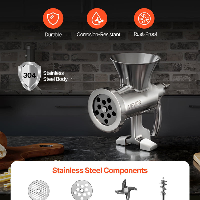 Rokas gaļas maļamā mašīna, 304 nerūsējošais tērauds, ar kloķi un tērauda stiprinājumu galdam, desu pildītājs ar 2 griešanas diskiem un 4 uzgaļiem, piemērota liellopu, cūkgaļas un citu produktu malšanai