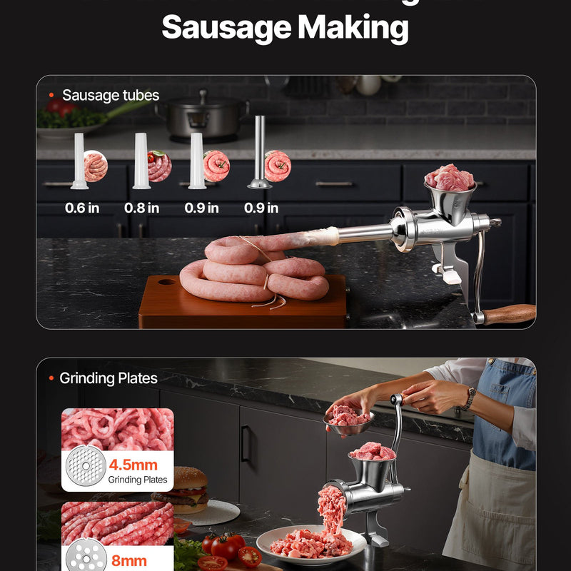 Rokas gaļas maļamā mašīna, 304 nerūsējošais tērauds, ar kloķi un tērauda stiprinājumu galdam, desu pildītājs ar 2 griešanas diskiem un 4 uzgaļiem, piemērota liellopu, cūkgaļas un citu produktu malšanai