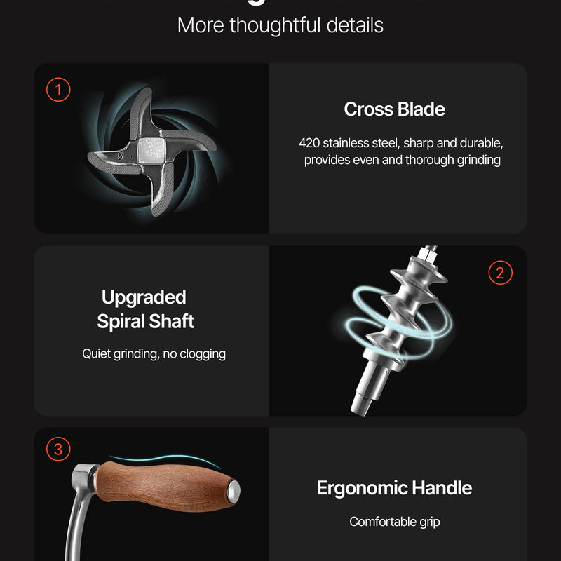 Rokas gaļas maļamā mašīna, 304 nerūsējošais tērauds, ar kloķi un tērauda stiprinājumu galdam, desu pildītājs ar 2 griešanas diskiem un 4 uzgaļiem, piemērota liellopu, cūkgaļas un citu produktu malšanai