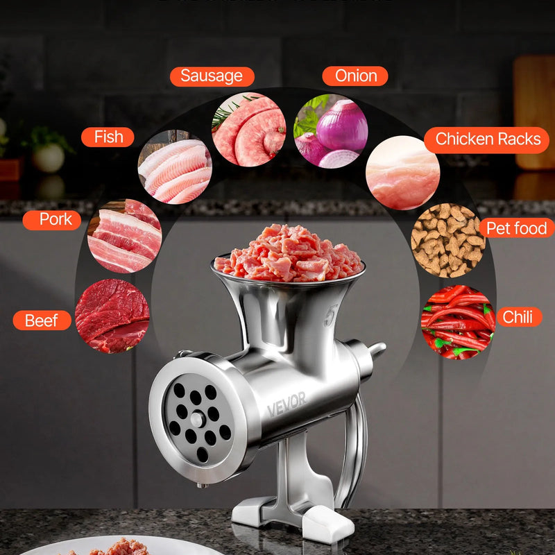 Rokas gaļas maļamā mašīna, 304 nerūsējošais tērauds, ar kloķi un tērauda stiprinājumu galdam, desu pildītājs ar 2 griešanas diskiem un 4 uzgaļiem, piemērota liellopu, cūkgaļas un citu produktu malšanai