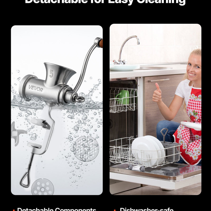 Rokas gaļas maļamā mašīna, 304 nerūsējošais tērauds, ar kloķi un tērauda stiprinājumu galdam, desu pildītājs ar 2 griešanas diskiem un 4 uzgaļiem, piemērota liellopu, cūkgaļas un citu produktu malšanai