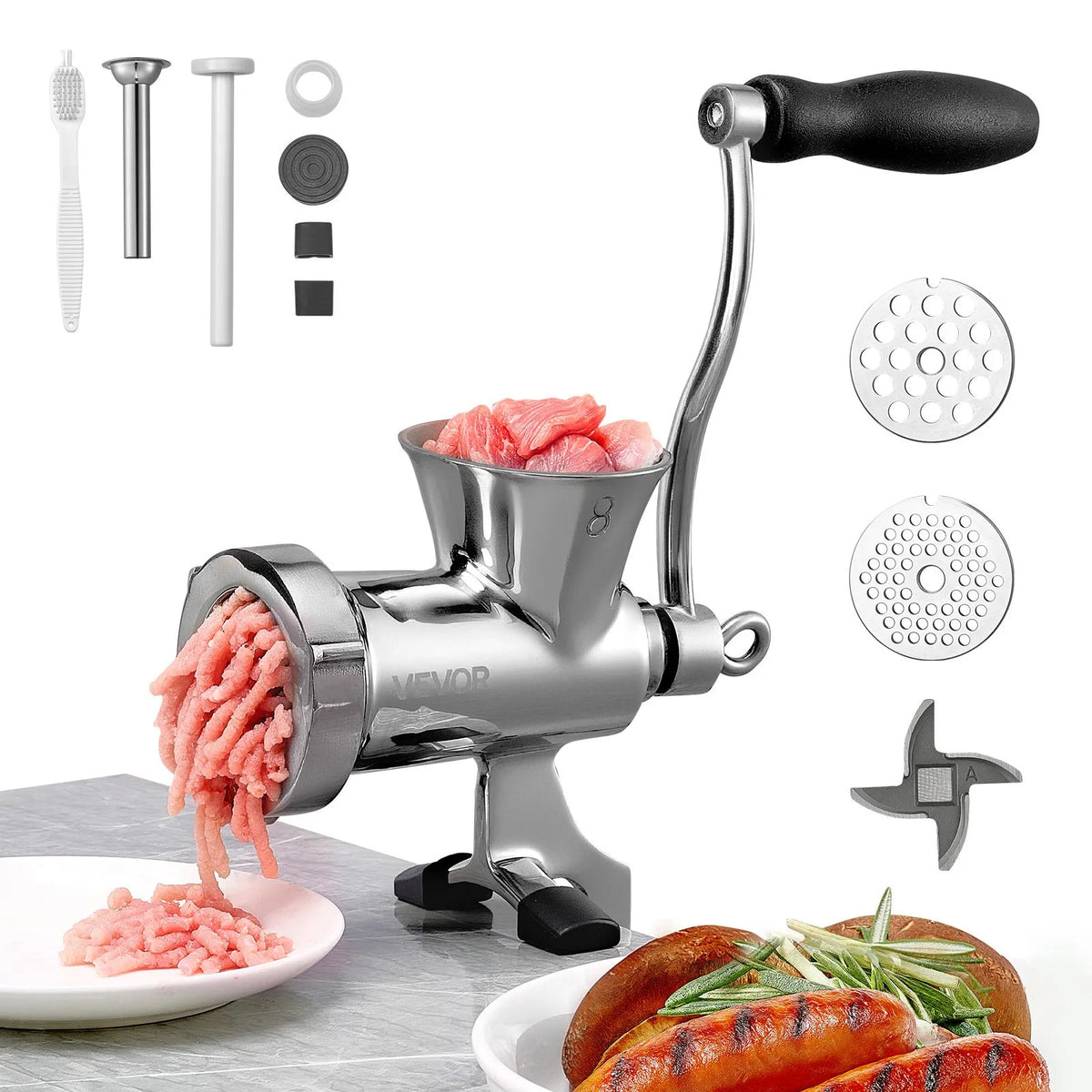 VEVOR Manual Meat Grinder 304 Stainless Steel with Crank, 2 Discs and Sausage Filler