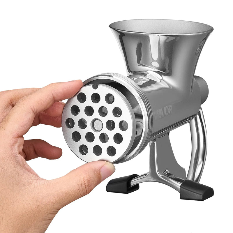 Rokas gaļas maļamā mašīna, 304 nerūsējošā tērauda ar rokas kloķi un tērauda stiprinājumu pie galda, desu pildītājs ar 2 griešanas diskiem un desu uzgali, pārtikas smalcinātājs liellopa, cūkgaļas un čili pagatavošanai