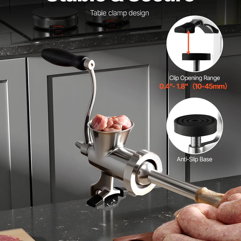 Rokas gaļas maļamā mašīna, 304 nerūsējošā tērauda ar rokas kloķi un tērauda stiprinājumu pie galda, desu pildītājs ar 2 griešanas diskiem un desu uzgali, pārtikas smalcinātājs liellopa, cūkgaļas un čili pagatavošanai