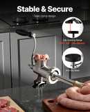 Rokas gaļas maļamā mašīna, 304 nerūsējošā tērauda ar rokas kloķi un tērauda stiprinājumu pie galda, desu pildītājs ar 2 griešanas diskiem un desu uzgali, pārtikas smalcinātājs liellopa, cūkgaļas un čili pagatavošanai