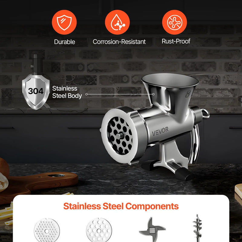 Rokas gaļas maļamā mašīna, 304 nerūsējošā tērauda ar rokas kloķi un tērauda stiprinājumu pie galda, desu pildītājs ar 2 griešanas diskiem un desu uzgali, pārtikas smalcinātājs liellopa, cūkgaļas un čili pagatavošanai