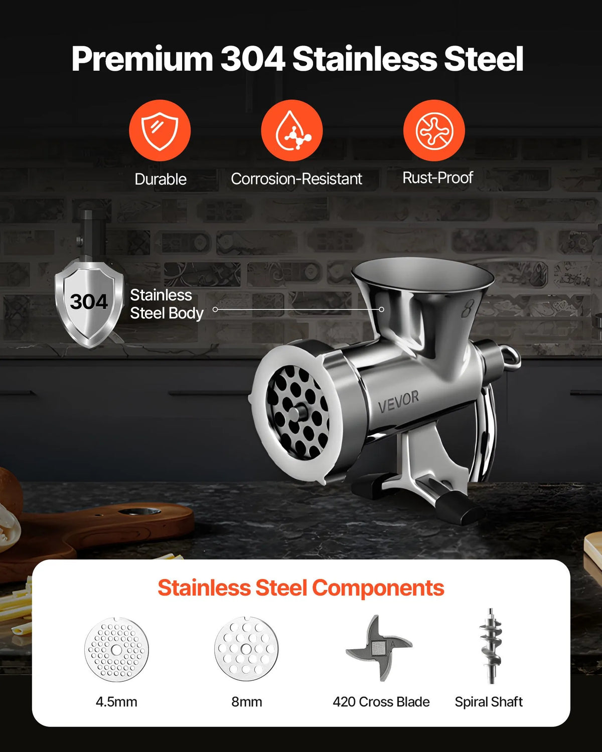 VEVOR Manual Meat Grinder 304 Stainless Steel with Crank, 2 Discs and Sausage Filler