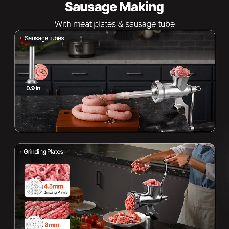 Rokas gaļas maļamā mašīna, 304 nerūsējošā tērauda ar rokas kloķi un tērauda stiprinājumu pie galda, desu pildītājs ar 2 griešanas diskiem un desu uzgali, pārtikas smalcinātājs liellopa, cūkgaļas un čili pagatavošanai