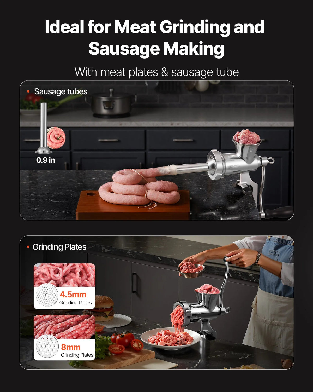 VEVOR Manual Meat Grinder 304 Stainless Steel with Crank, 2 Discs and Sausage Filler