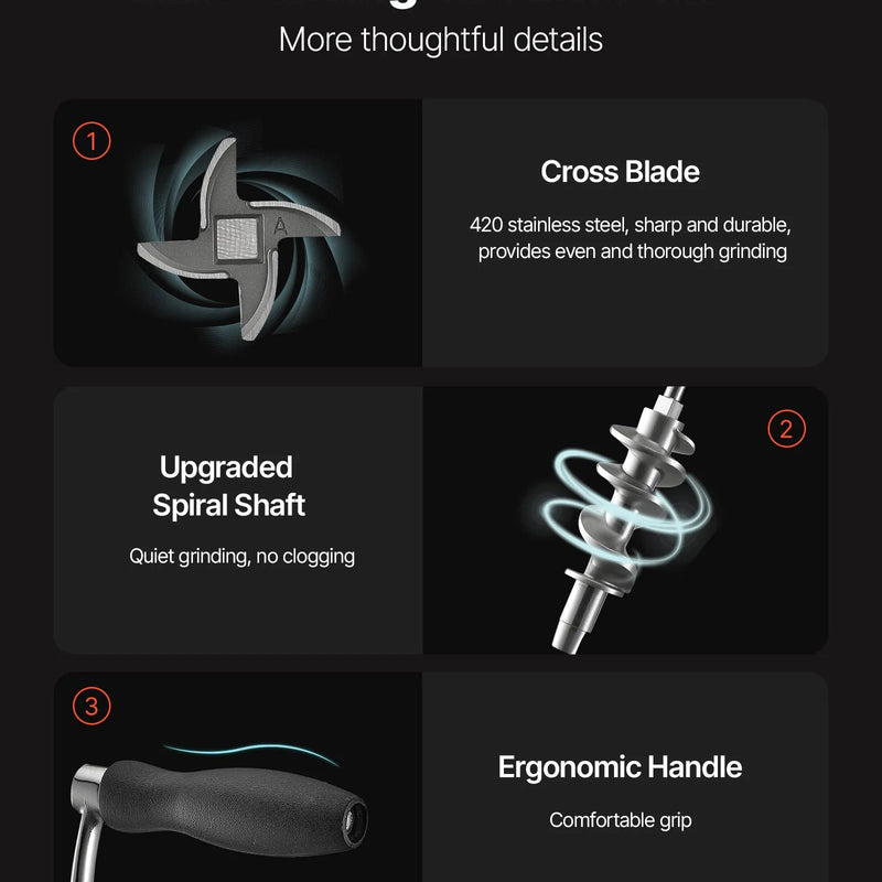 Rokas gaļas maļamā mašīna, 304 nerūsējošā tērauda ar rokas kloķi un tērauda stiprinājumu pie galda, desu pildītājs ar 2 griešanas diskiem un desu uzgali, pārtikas smalcinātājs liellopa, cūkgaļas un čili pagatavošanai