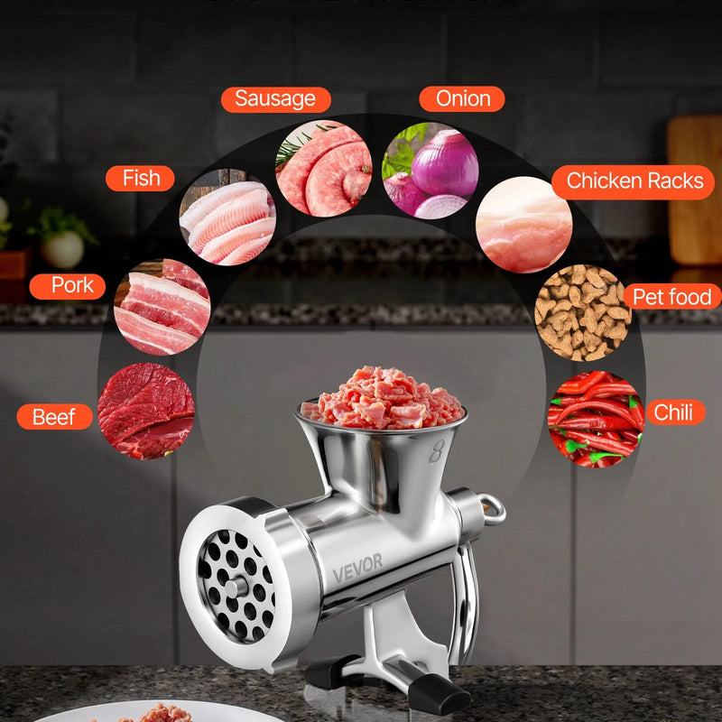 Rokas gaļas maļamā mašīna, 304 nerūsējošā tērauda ar rokas kloķi un tērauda stiprinājumu pie galda, desu pildītājs ar 2 griešanas diskiem un desu uzgali, pārtikas smalcinātājs liellopa, cūkgaļas un čili pagatavošanai