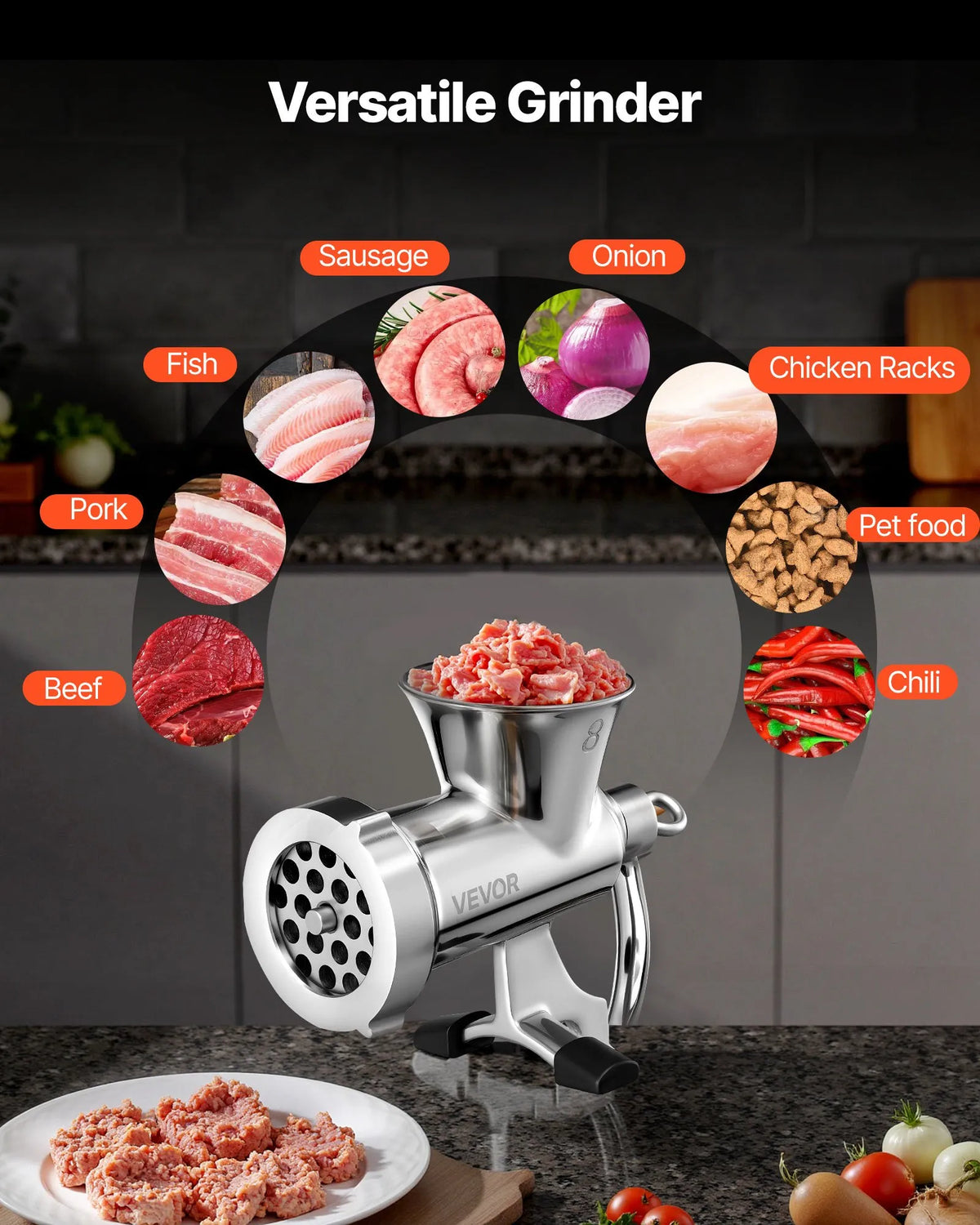 VEVOR Manual Meat Grinder 304 Stainless Steel with Crank, 2 Discs and Sausage Filler