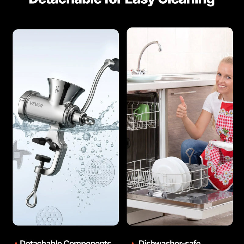 Rokas gaļas maļamā mašīna, 304 nerūsējošā tērauda ar rokas kloķi un tērauda stiprinājumu pie galda, desu pildītājs ar 2 griešanas diskiem un desu uzgali, pārtikas smalcinātājs liellopa, cūkgaļas un čili pagatavošanai