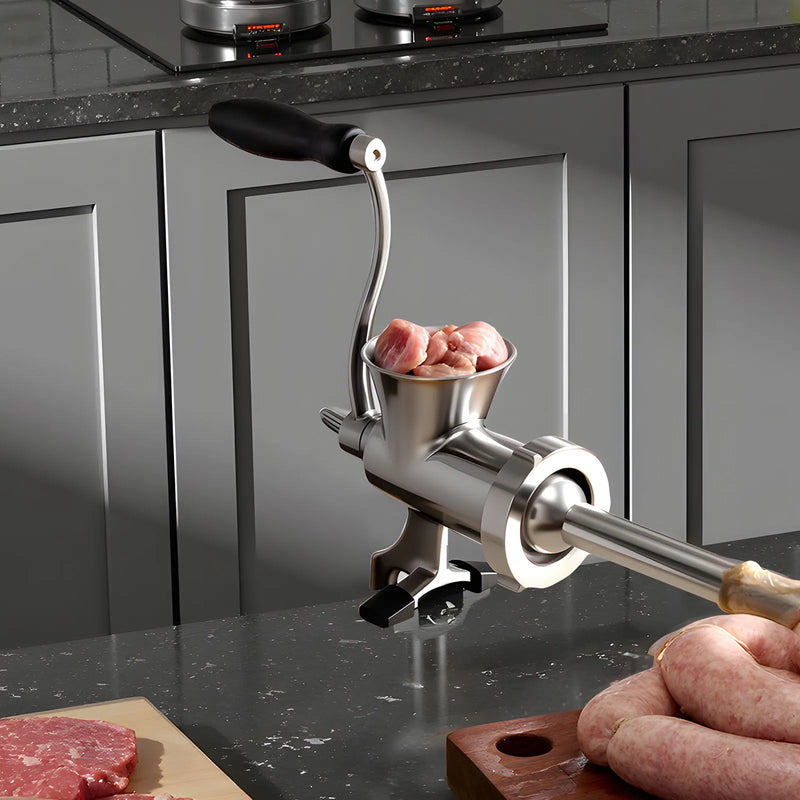 Rokas gaļas maļamā mašīna, 304 nerūsējošā tērauda ar rokas kloķi un tērauda stiprinājumu pie galda, desu pildītājs ar 2 griešanas diskiem un desu uzgali, pārtikas smalcinātājs liellopa, cūkgaļas un čili pagatavošanai