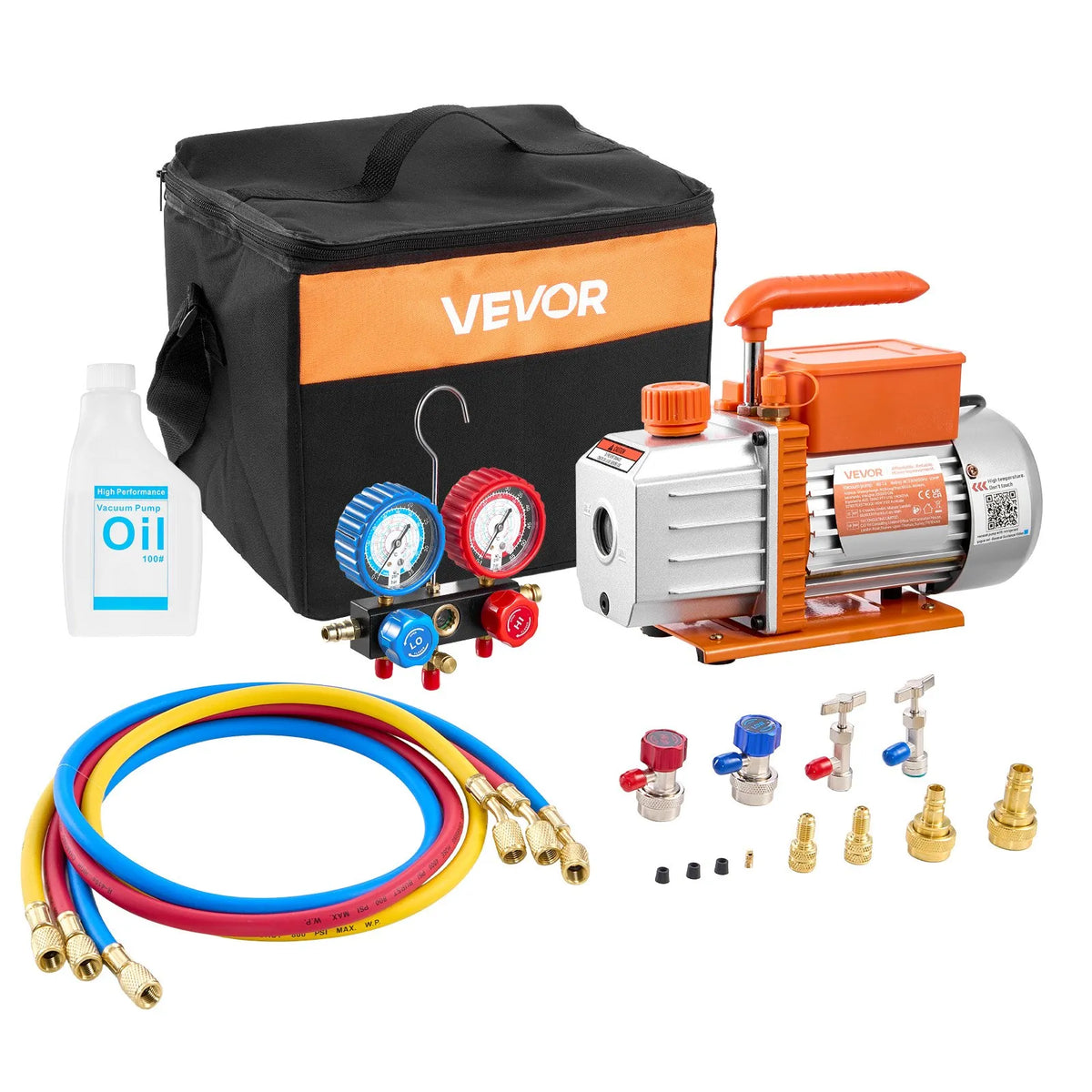 VEVOR Single-Stage HVAC Vacuum Pump with Gauge Set 127 l/min, Rotary Vane Design, Suitable for R134a, R22, R410A, R1234YF and R32, with Carrying Bag for Car Air Conditioning
