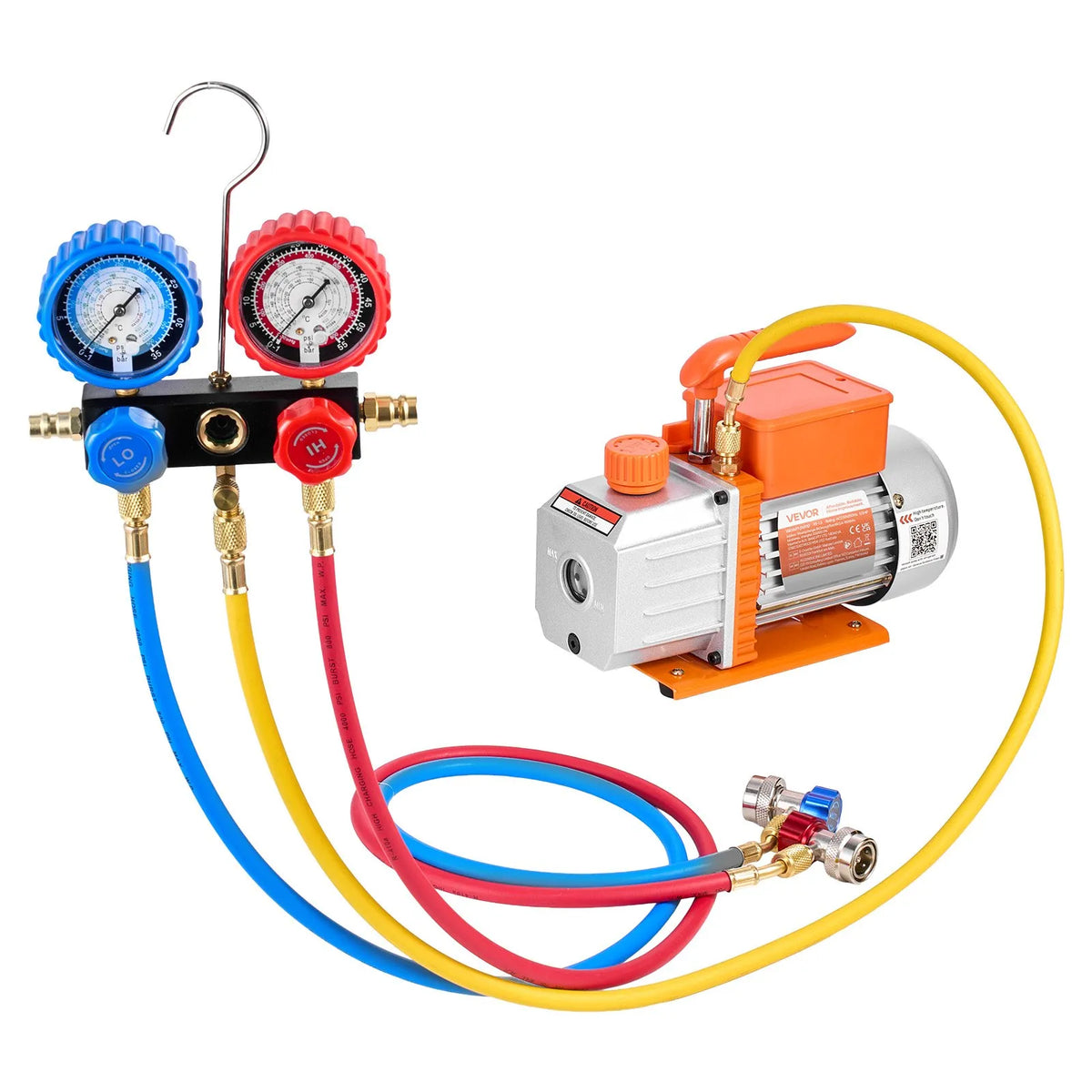 VEVOR Single-Stage HVAC Vacuum Pump with Gauge Set 127 l/min, Rotary Vane Design, Suitable for R134a, R22, R410A, R1234YF and R32, with Carrying Bag for Car Air Conditioning