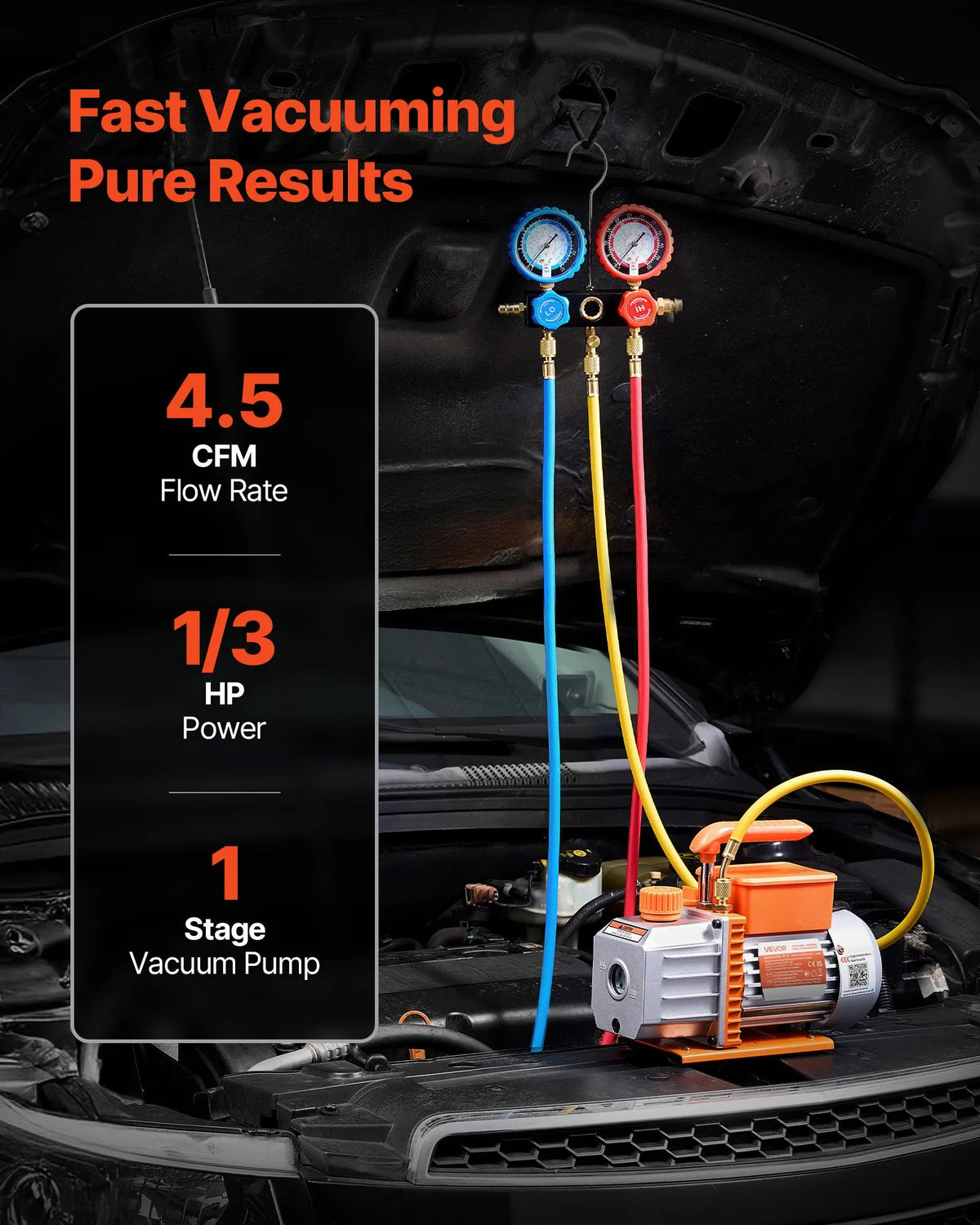 VEVOR Single-Stage HVAC Vacuum Pump with Gauge Set 127 l/min, Rotary Vane Design, Suitable for R134a, R22, R410A, R1234YF and R32, with Carrying Bag for Car Air Conditioning