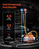VEVOR vienpakāpes HVAC vakuuma sūknis ar manometru komplektu 127 l/min, rotācijas lāpstiņu konstrukcija, piemērots R134a, R22, R410A, R1234YF un R32, ar pārnēsāšanas somu automobiļu gaisa kondicionēšanai