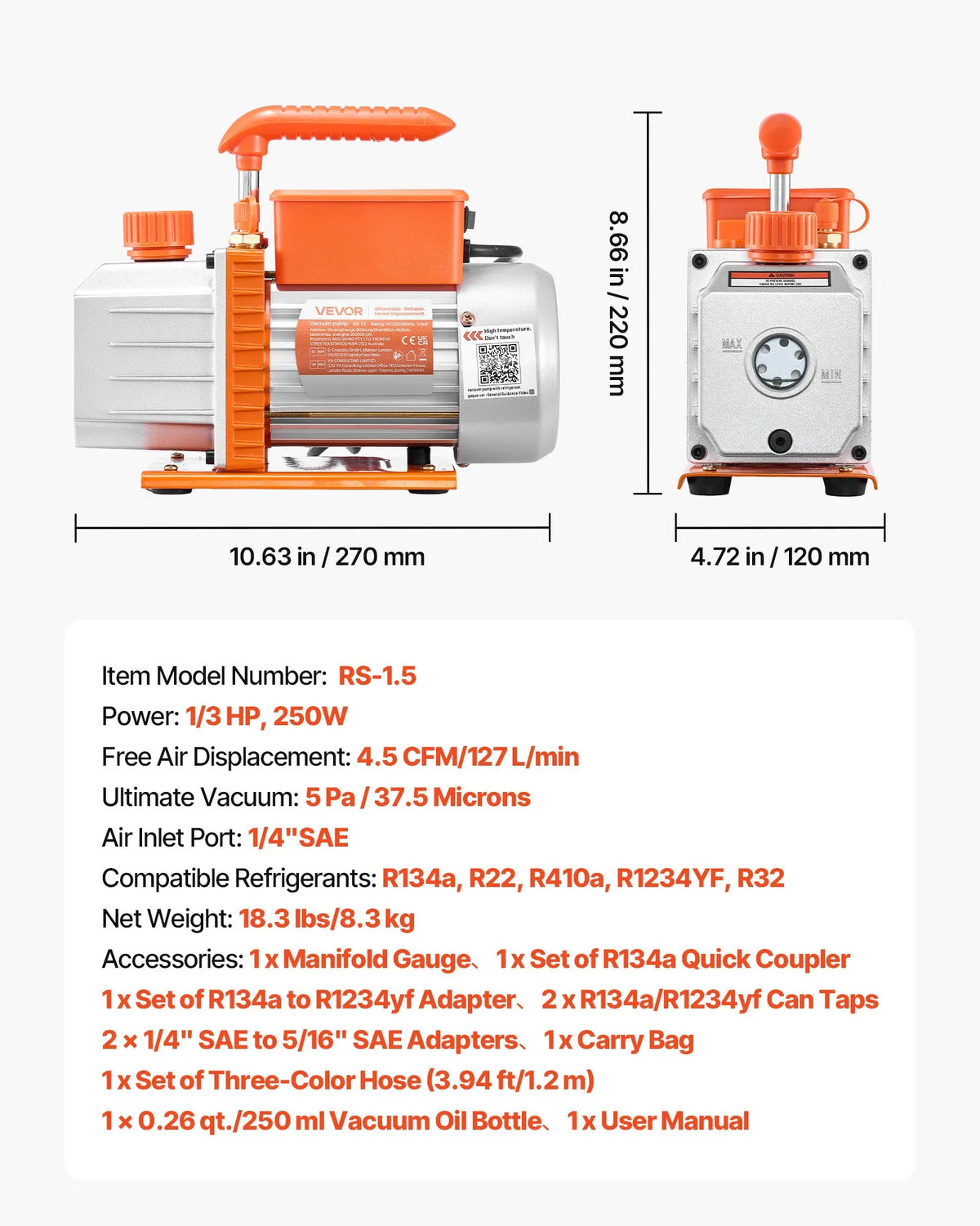 VEVOR Single-Stage HVAC Vacuum Pump with Gauge Set 127 l/min, Rotary Vane Design, Suitable for R134a, R22, R410A, R1234YF and R32, with Carrying Bag for Car Air Conditioning
