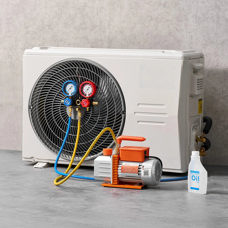 VEVOR vienpakāpes HVAC vakuuma sūknis ar manometru komplektu 127 l/min, rotācijas lāpstiņu konstrukcija, piemērots R134a, R22, R410A, R1234YF un R32, ar pārnēsāšanas somu automobiļu gaisa kondicionēšanai