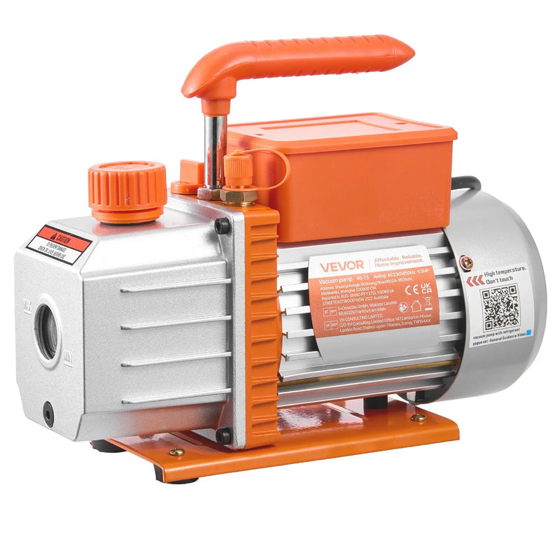 VEVOR vienpakāpes HVAC vakuuma sūknis ar manometru komplektu 127 l/min, rotācijas lāpstiņu konstrukcija, piemērots R134a, R22, R410A, R1234YF un R32, ar pārnēsāšanas somu automobiļu gaisa kondicionēšanai