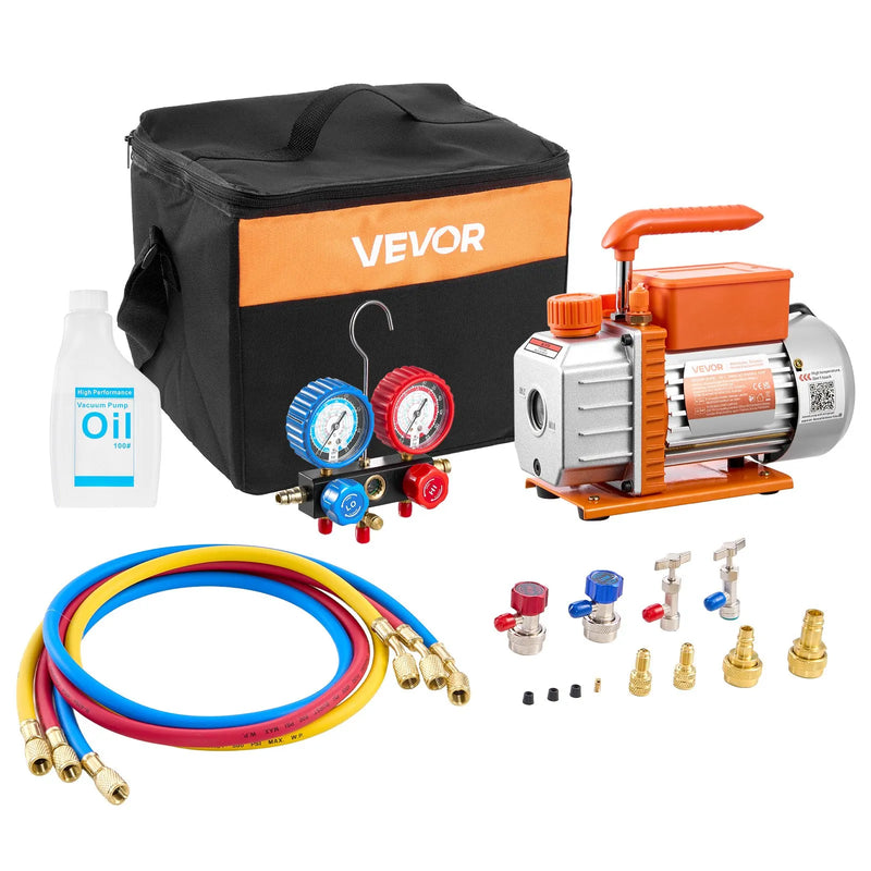 VEVOR gaisa kondicionēšanas vakuumsūkņa un manometru komplekts 99 l/min, vienpakāpes rotācijas lāpstiņu HVAC vakuumsūknis automobiļu un HVAC sistēmām R134a, R22, R410a, R1234YF un R32, ar pārnēsāšanas somu