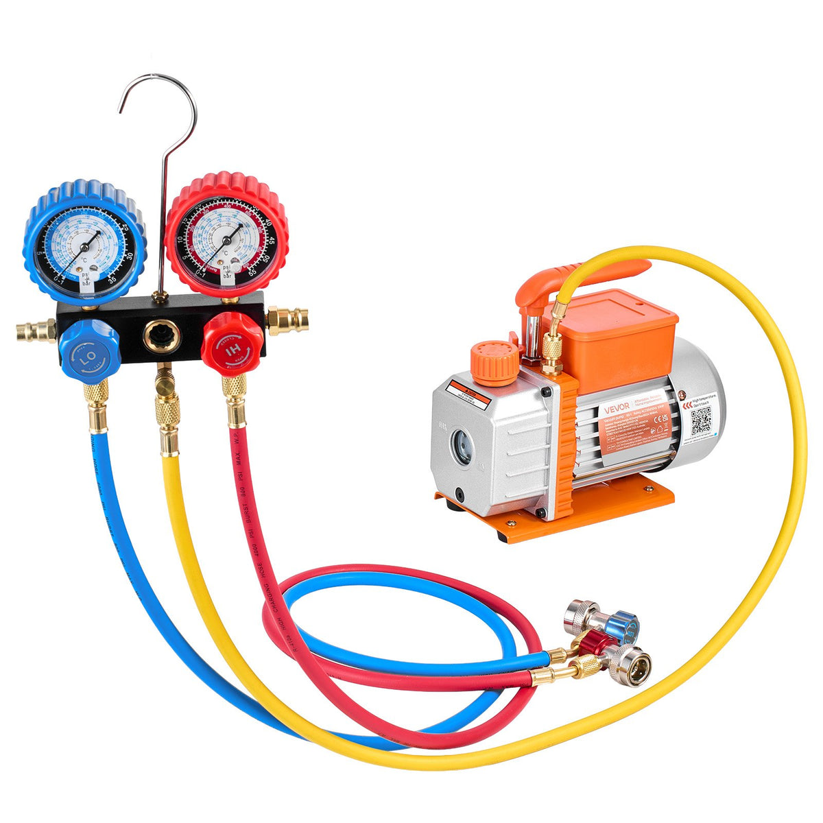VEVOR Air Conditioning Vacuum Pump and Gauge Set 99 l/min, Single-Stage Rotary Vane HVAC Vacuum Pump for Automotive and HVAC Systems R134a, R22, R410a, R1234YF and R32, with Carrying Bag