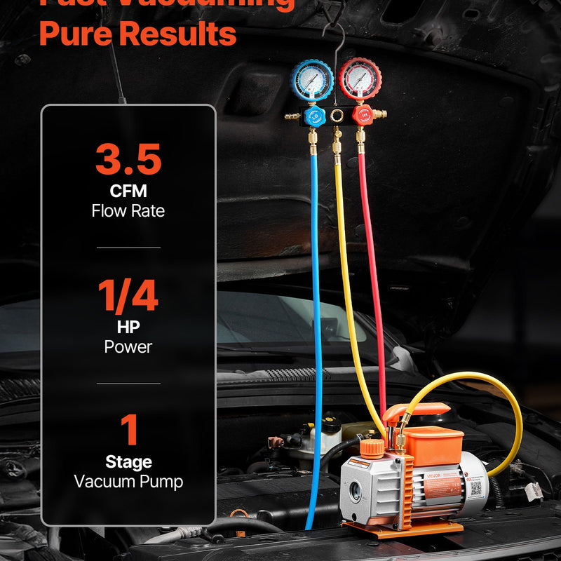 VEVOR gaisa kondicionēšanas vakuumsūkņa un manometru komplekts 99 l/min, vienpakāpes rotācijas lāpstiņu HVAC vakuumsūknis automobiļu un HVAC sistēmām R134a, R22, R410a, R1234YF un R32, ar pārnēsāšanas somu