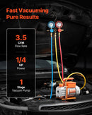 VEVOR gaisa kondicionēšanas vakuumsūkņa un manometru komplekts 99 l/min, vienpakāpes rotācijas lāpstiņu HVAC vakuumsūknis automobiļu un HVAC sistēmām R134a, R22, R410a, R1234YF un R32, ar pārnēsāšanas somu