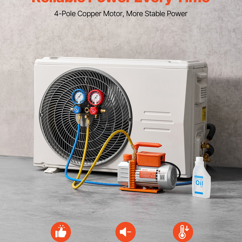 VEVOR gaisa kondicionēšanas vakuumsūkņa un manometru komplekts 99 l/min, vienpakāpes rotācijas lāpstiņu HVAC vakuumsūknis automobiļu un HVAC sistēmām R134a, R22, R410a, R1234YF un R32, ar pārnēsāšanas somu