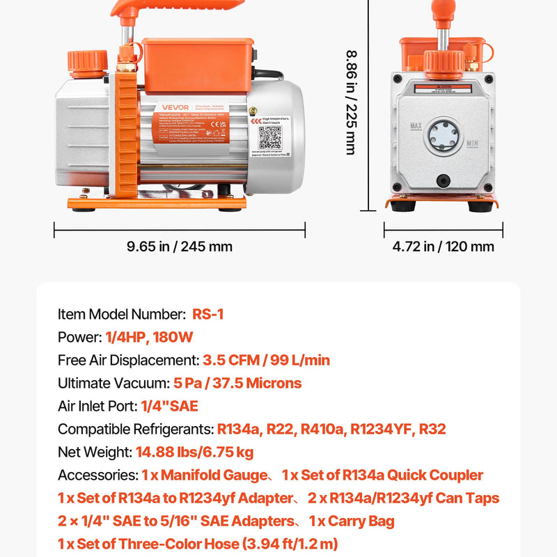 VEVOR gaisa kondicionēšanas vakuumsūkņa un manometru komplekts 99 l/min, vienpakāpes rotācijas lāpstiņu HVAC vakuumsūknis automobiļu un HVAC sistēmām R134a, R22, R410a, R1234YF un R32, ar pārnēsāšanas somu