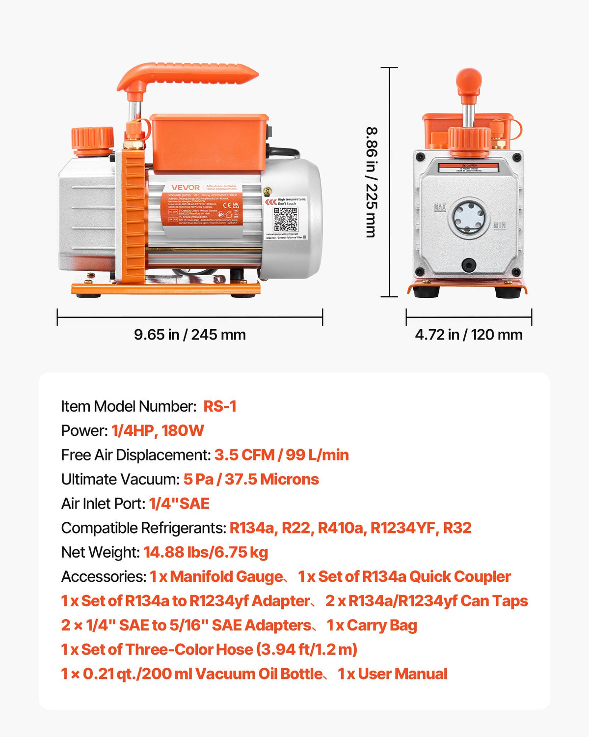 VEVOR Air Conditioning Vacuum Pump and Gauge Set 99 l/min, Single-Stage Rotary Vane HVAC Vacuum Pump for Automotive and HVAC Systems R134a, R22, R410a, R1234YF and R32, with Carrying Bag
