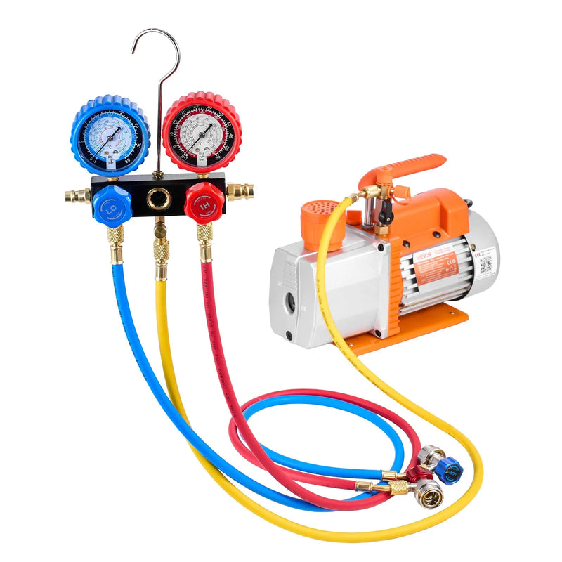 VEVOR AC vakuuma sūkņa un manometru komplekts 198 l/min, divpakāpju rotācijas lāpstiņu HVAC vakuuma sūknis ar A/C manometru kolektoru, noplūžu detektoru un pārnēsāšanas somu, paredzēts R134a / R22 / R410a auto un HVAC gaisa kondicionēšanas sistēmām