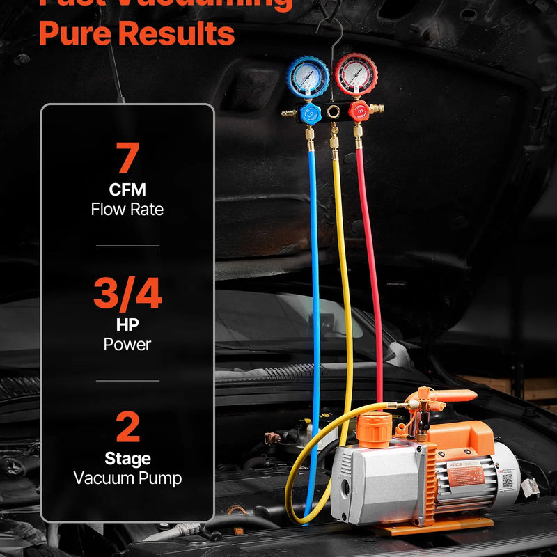VEVOR AC vakuuma sūkņa un manometru komplekts 198 l/min, divpakāpju rotācijas lāpstiņu HVAC vakuuma sūknis ar A/C manometru kolektoru, noplūžu detektoru un pārnēsāšanas somu, paredzēts R134a / R22 / R410a auto un HVAC gaisa kondicionēšanas sistēmām