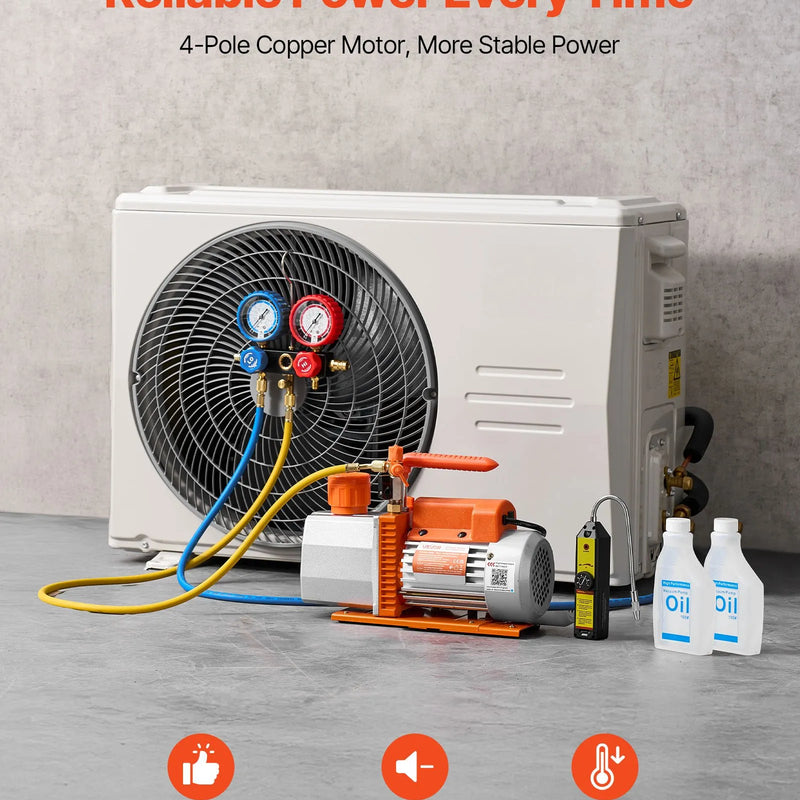 VEVOR AC vakuuma sūkņa un manometru komplekts 198 l/min, divpakāpju rotācijas lāpstiņu HVAC vakuuma sūknis ar A/C manometru kolektoru, noplūžu detektoru un pārnēsāšanas somu, paredzēts R134a / R22 / R410a auto un HVAC gaisa kondicionēšanas sistēmām